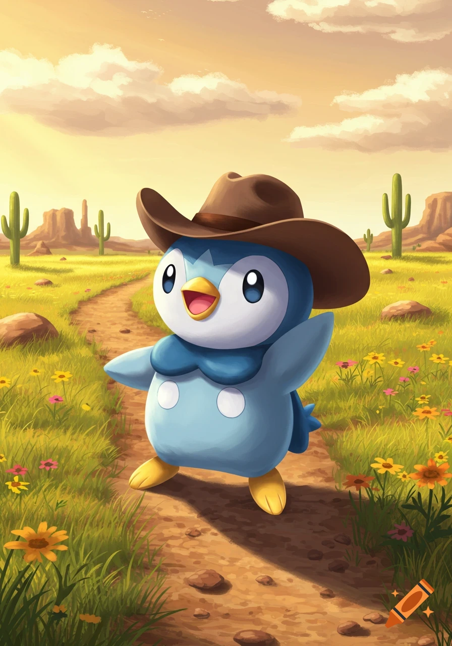 A cheerful Piplup in a cowboy hat walks on a desert path with cacti and wildflowers under a sunny sky.