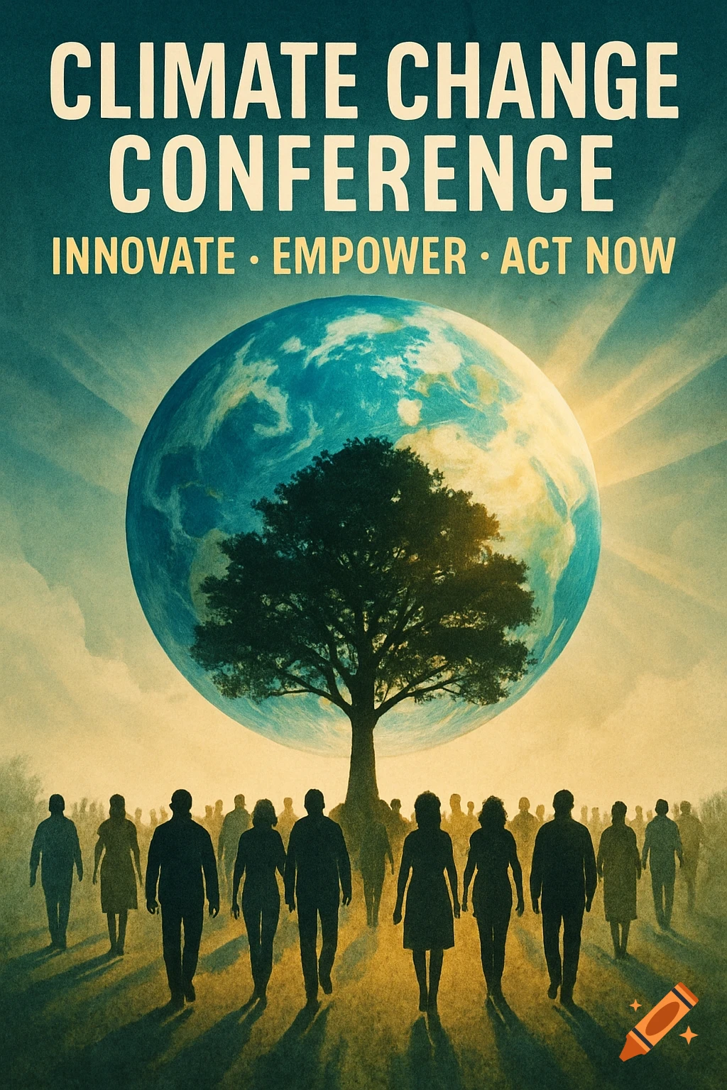 Vintage-style climate change conference poster with Earth, a tree, people silhouettes, and text.