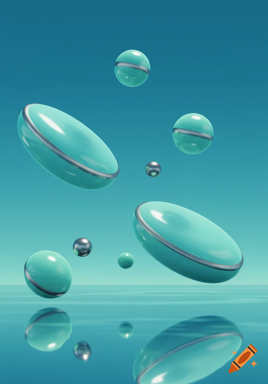 Glossy teal spheres and oval shapes with silver bands float above a reflective blue-green surface in a Frutiger Aero style.