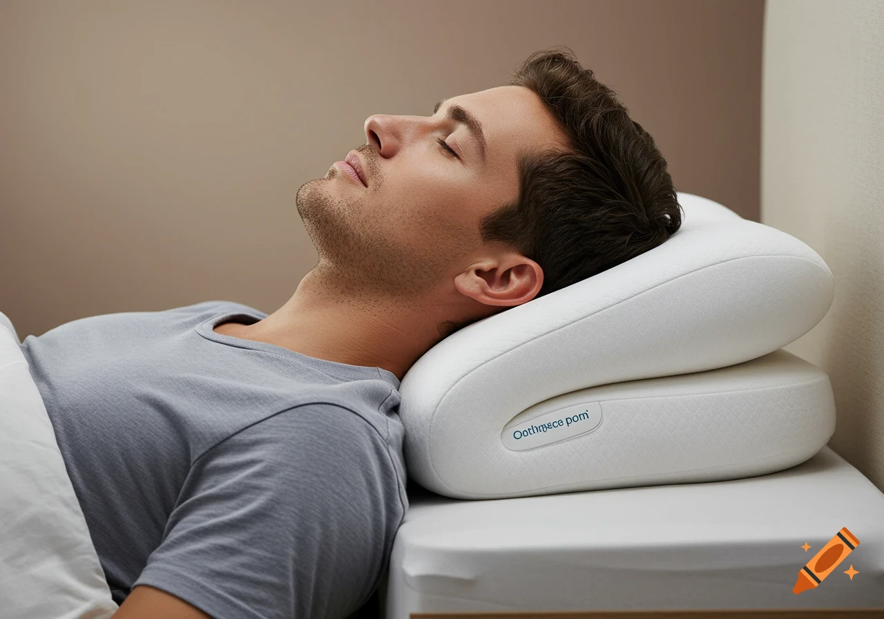 A man with closed eyes, wearing a gray t-shirt, sleeps peacefully on a white ergonomic memory foam pillow.
