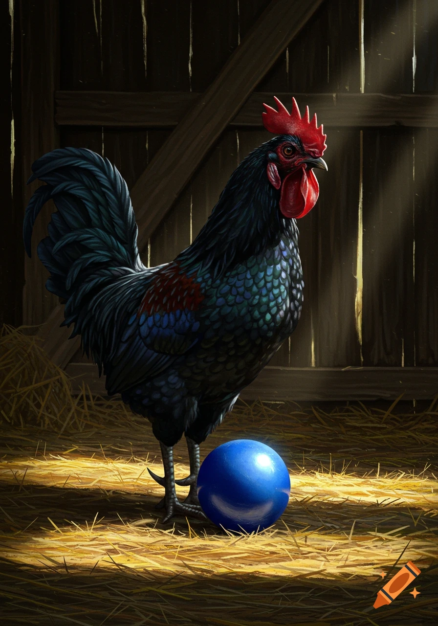 A detailed black rooster with a red comb stands on hay in a dimly lit barn, a glowing blue ball beside its feet.