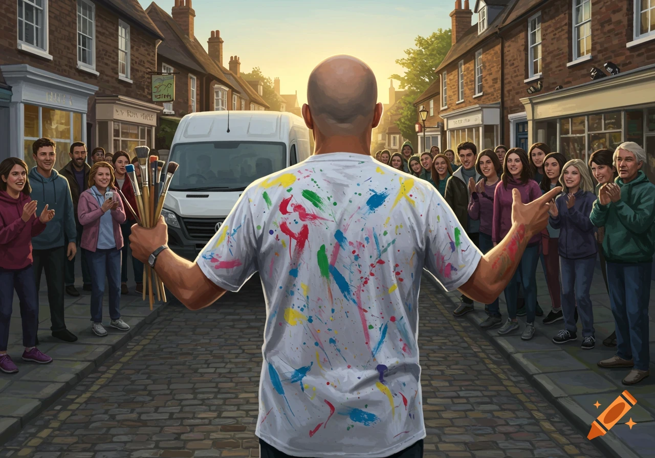 A bald man, seen from behind, in a paint-splattered shirt holds paint brushes, facing a cheering crowd and a white van on a cobblestone street lined with shops in the UK.