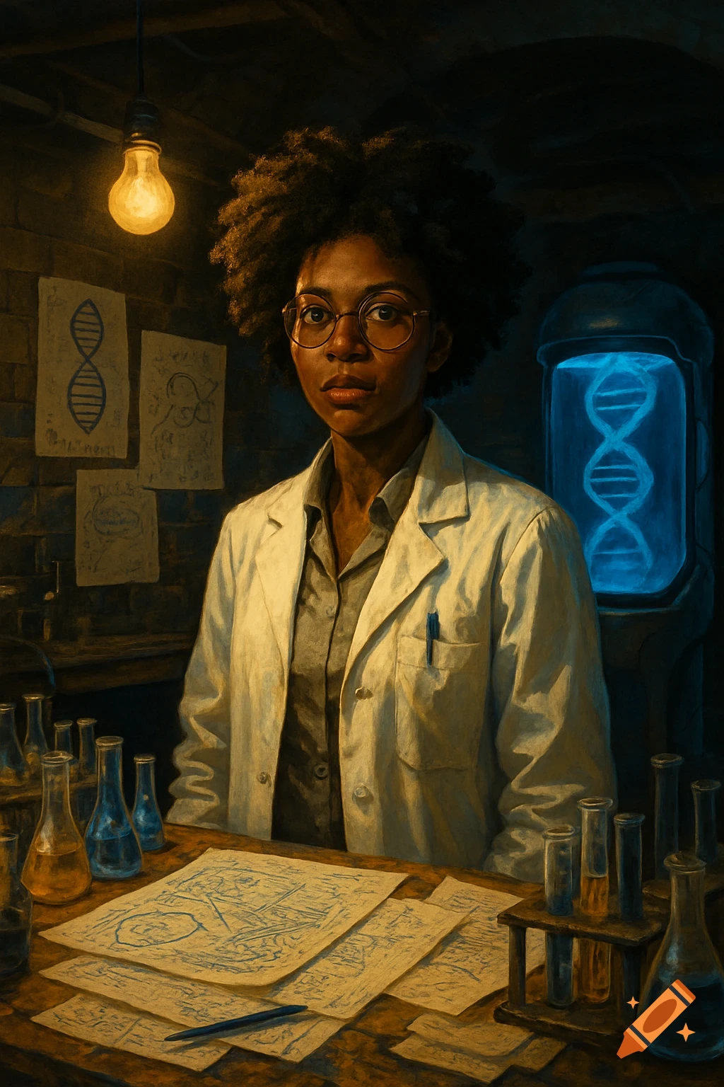 A Black female scientist with an afro and glasses in a dimly lit, cluttered basement laboratory, surrounded by flasks and diagrams.