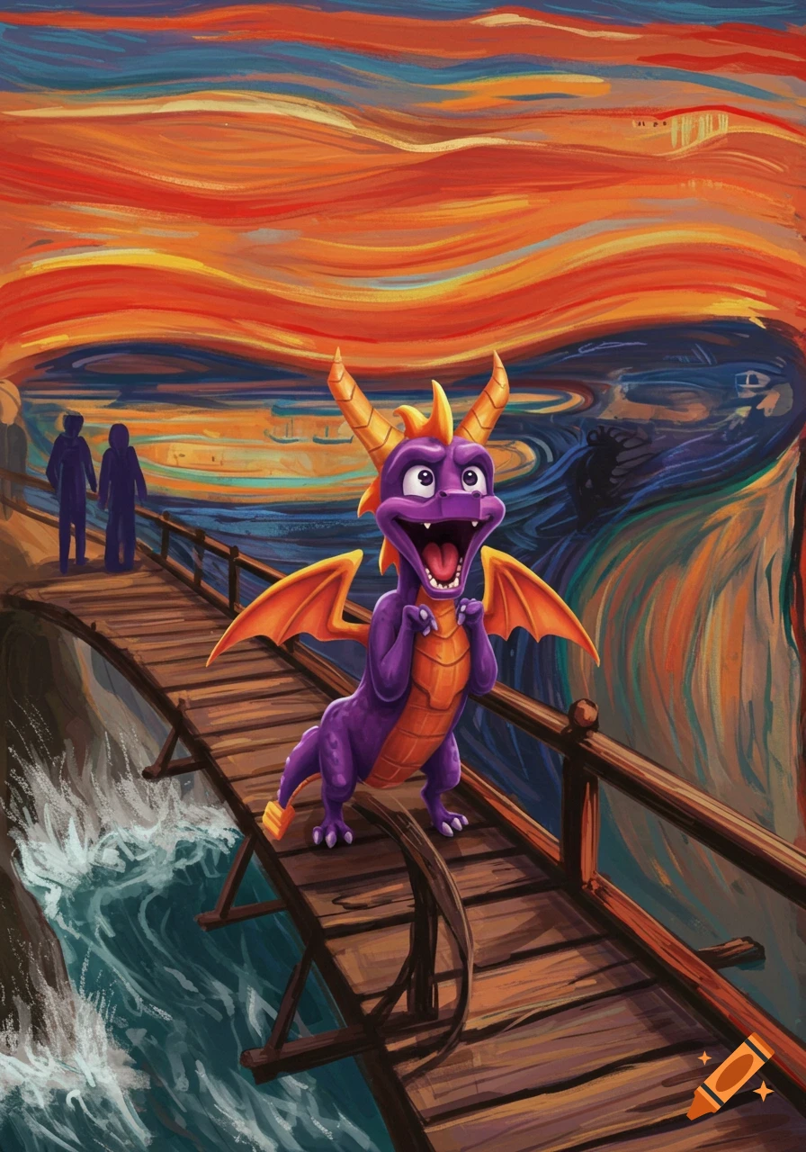 Purple dragon Spyro screaming on a bridge, with a swirling orange and blue sky in the style of Edvard Munch's The Scream.