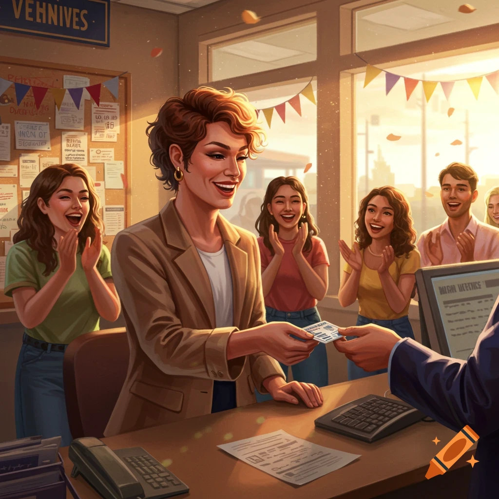 Stylized illustration of a person receiving a card at an office desk while colleagues cheer and clap in celebration.