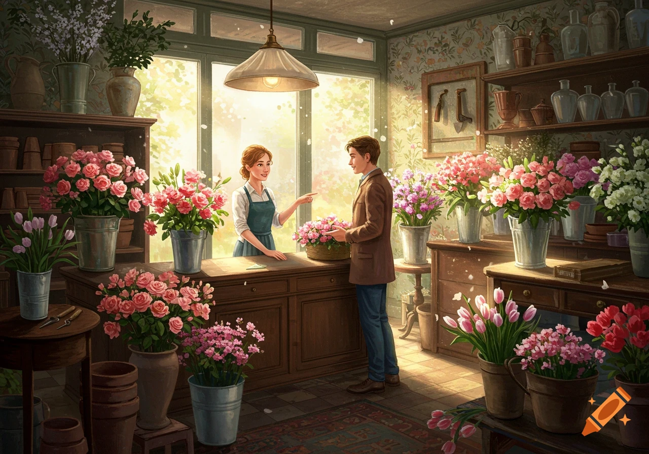 A female florist in an apron assists a male customer in a bright, cozy flower shop filled with pink and white bouquets, painted in a detailed, illustrative style.