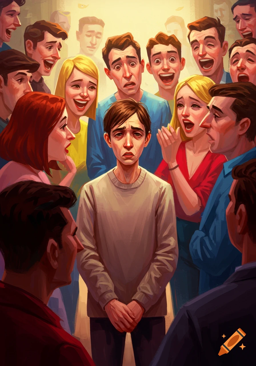 A sad, overwhelmed man stands amidst a crowd of boisterous, laughing people in an illustrative style.