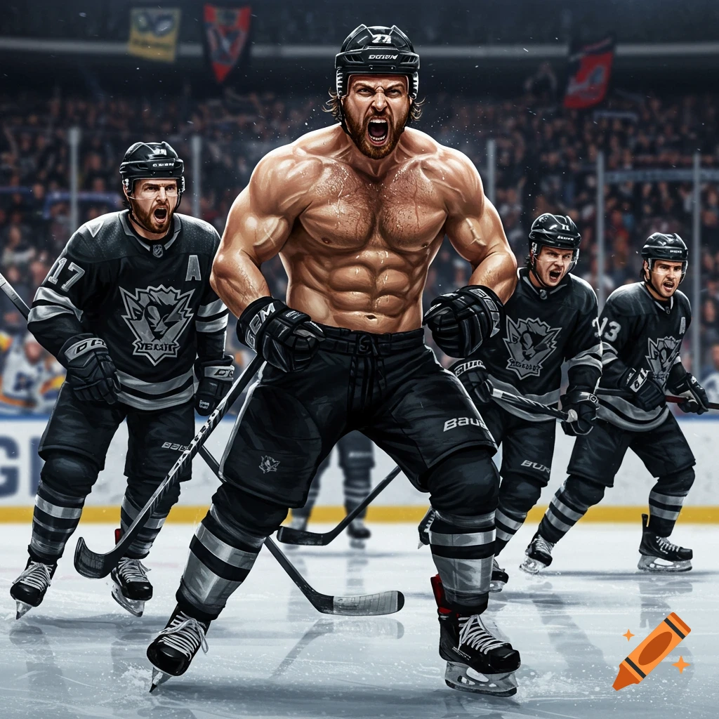 A highly muscular, shirtless hockey player yells on the ice, surrounded by other uniformed players in a detailed, stylized illustration.