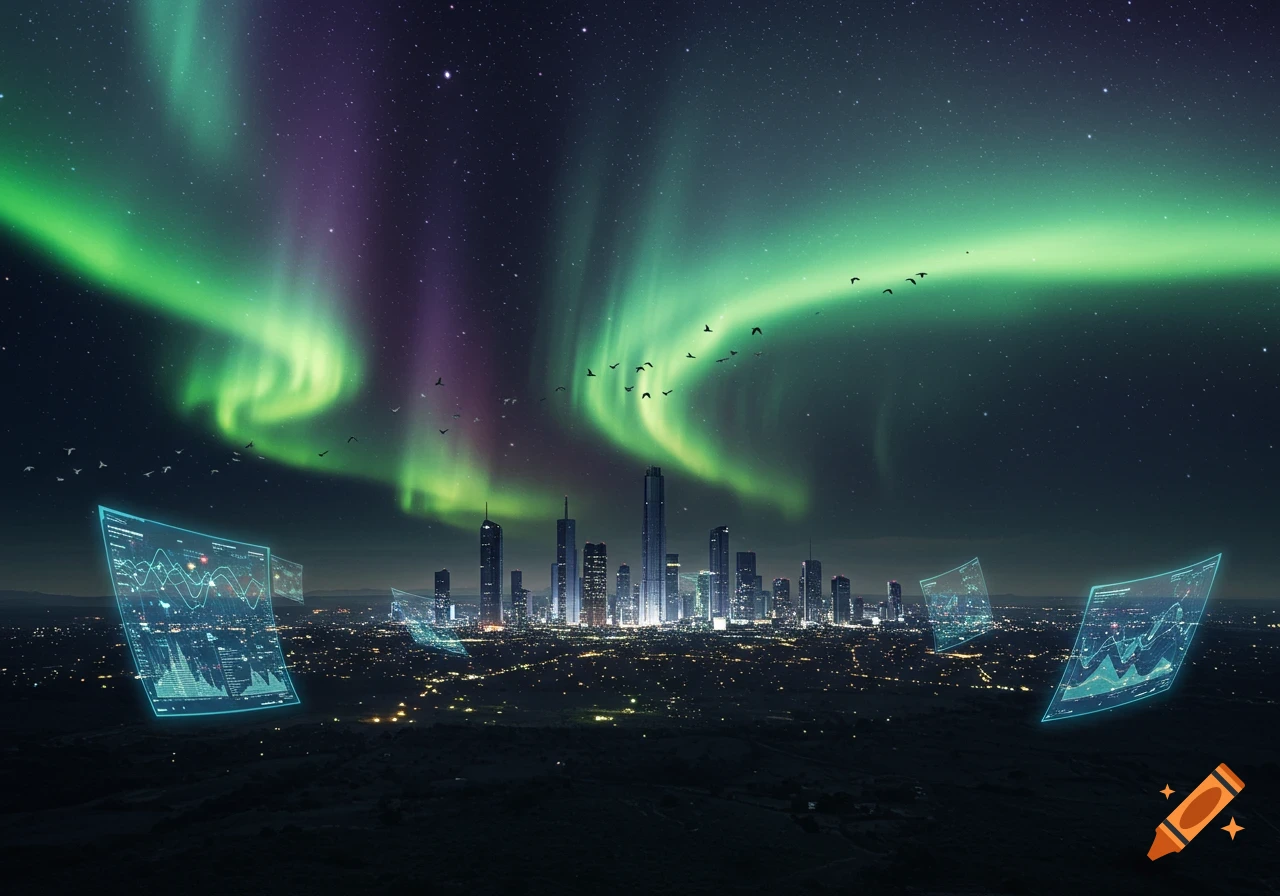 A futuristic cityscape at night beneath a vibrant green and purple aurora borealis. Floating holographic data screens display abstract graphs over the city lights.