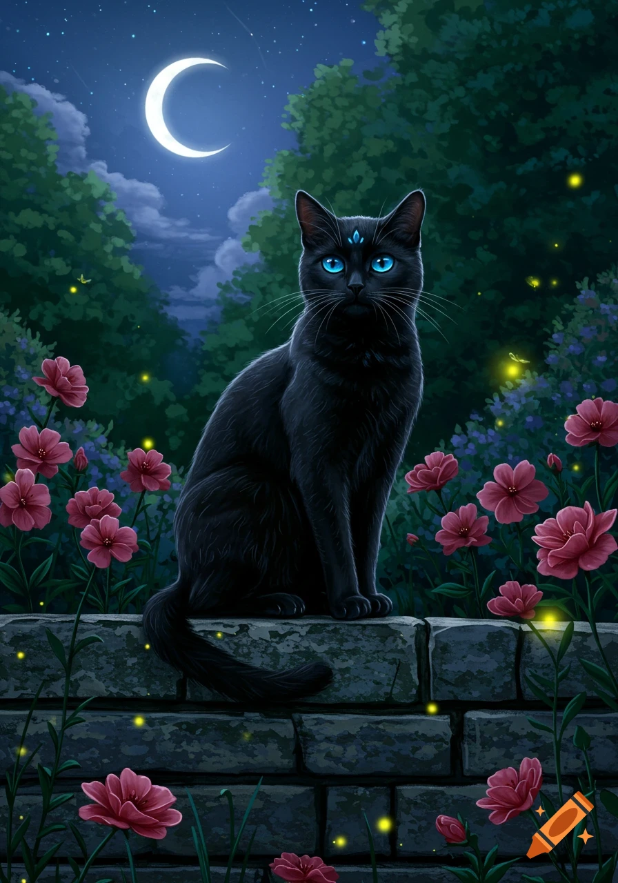 A black cat with glowing blue eyes sits on a stone wall in a magical night garden with red flowers, fireflies, and a crescent moon.