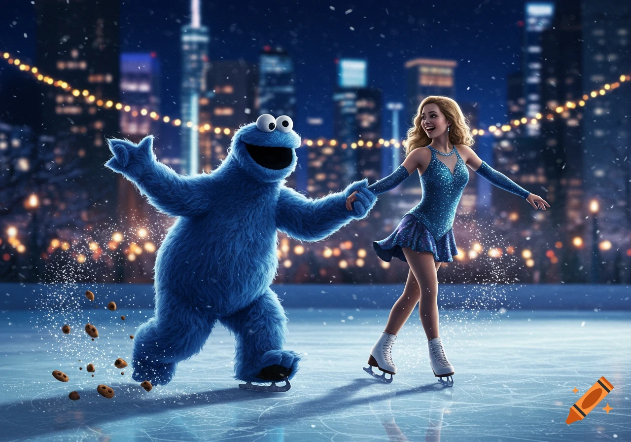Cookie Monster and a woman in a sparkly blue dress ice skating at night in a city with falling snow and cookies.