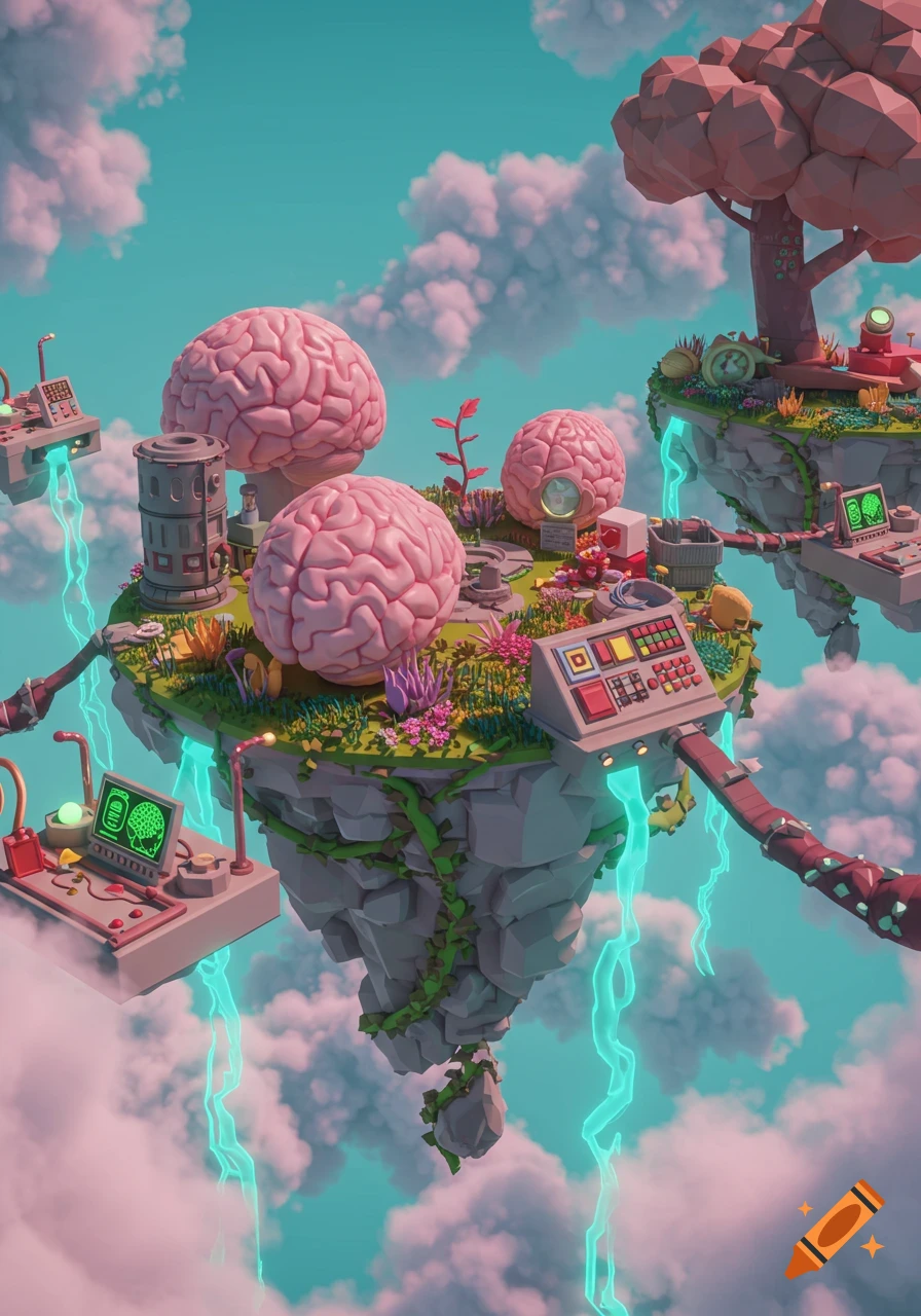 Low-poly floating islands in a turquoise sky, with pink brains, scientific equipment, and a stylized tree amidst clouds.