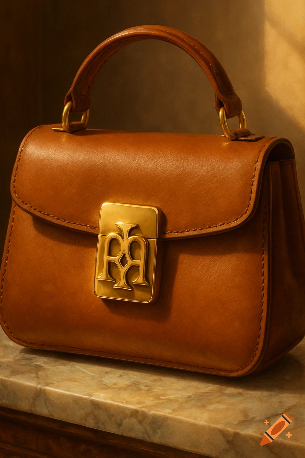 Close-up photorealistic shot of a tan leather luxury handbag with a unique golden interlocking initial clasp on a marble surface.