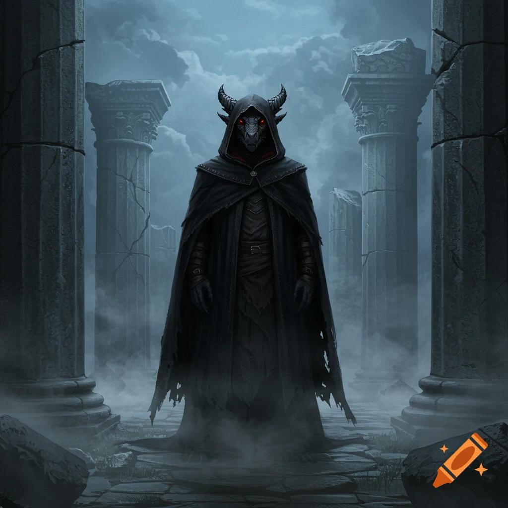 A black-scaled dragonborn in a black hooded cloak stands among ancient stone pillars in a dark, misty environment, digital painting.