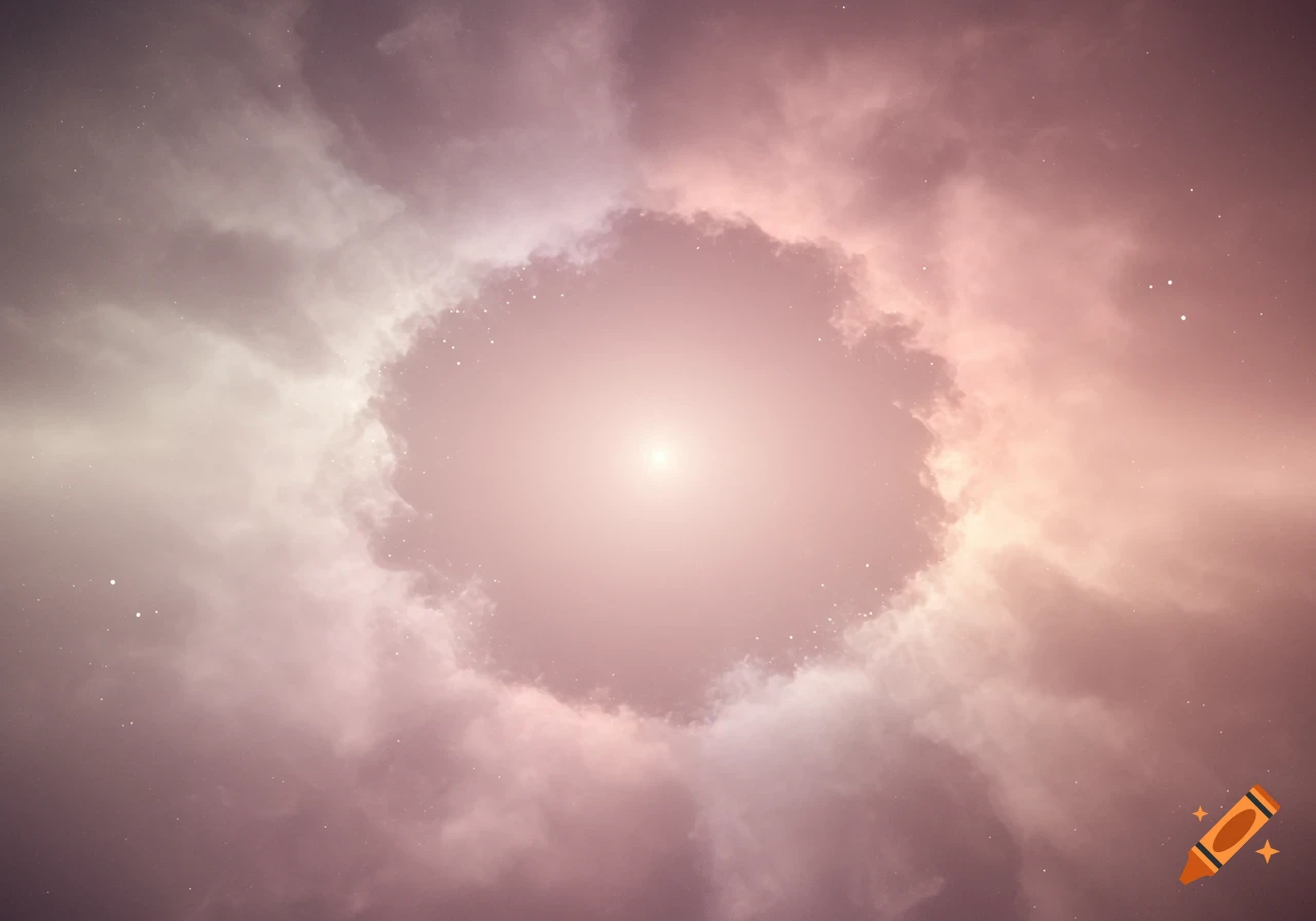Abstract image of a bright light surrounded by swirling pink, purple, and orange clouds, with scattered white specks.
