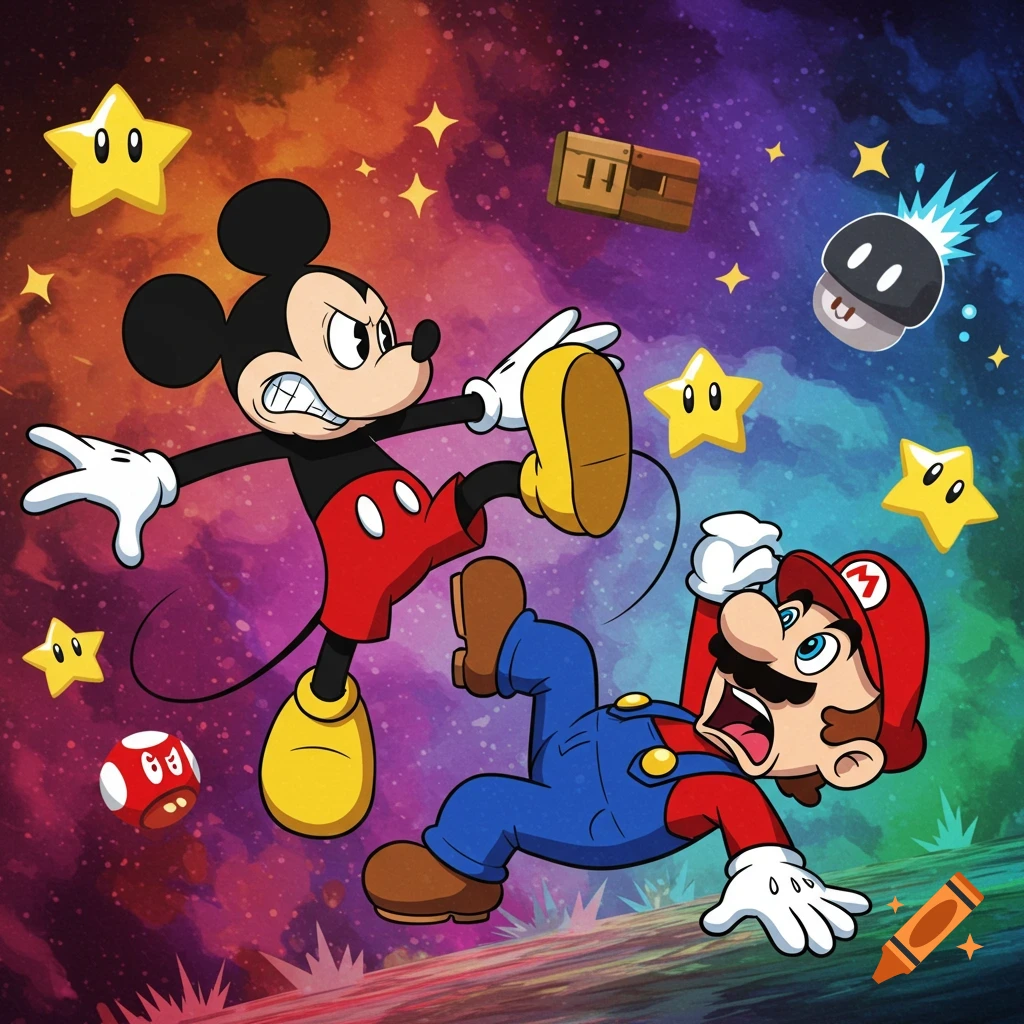 Mickey Mouse angrily kicks a falling Mario in a vibrant, star-filled cosmic background with Super Mario game elements.