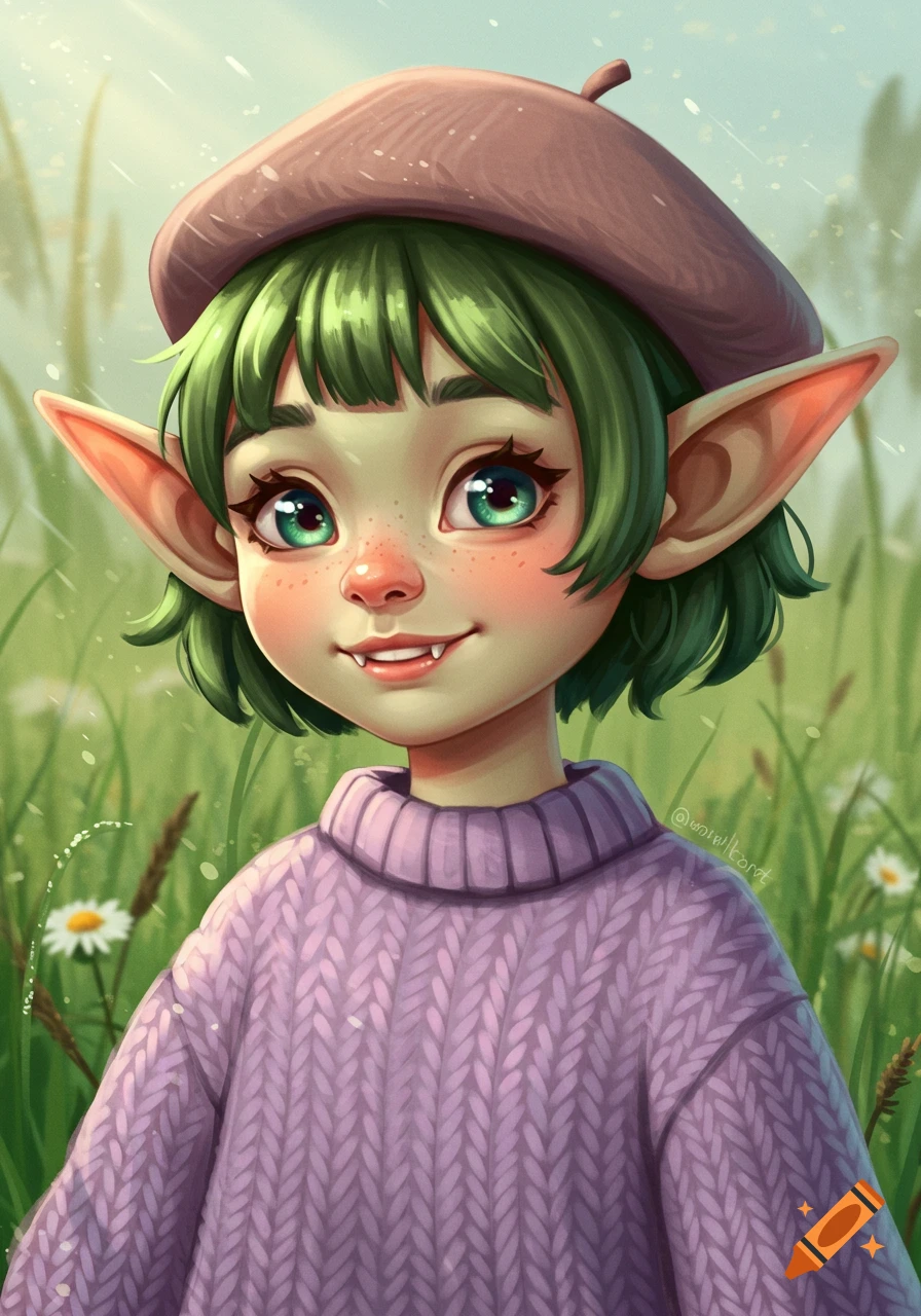 A vibrant fantasy illustration of a cute green-skinned goblin girl with pointy ears and green hair, wearing a purple sweater and beret, smiling in a sunny field.