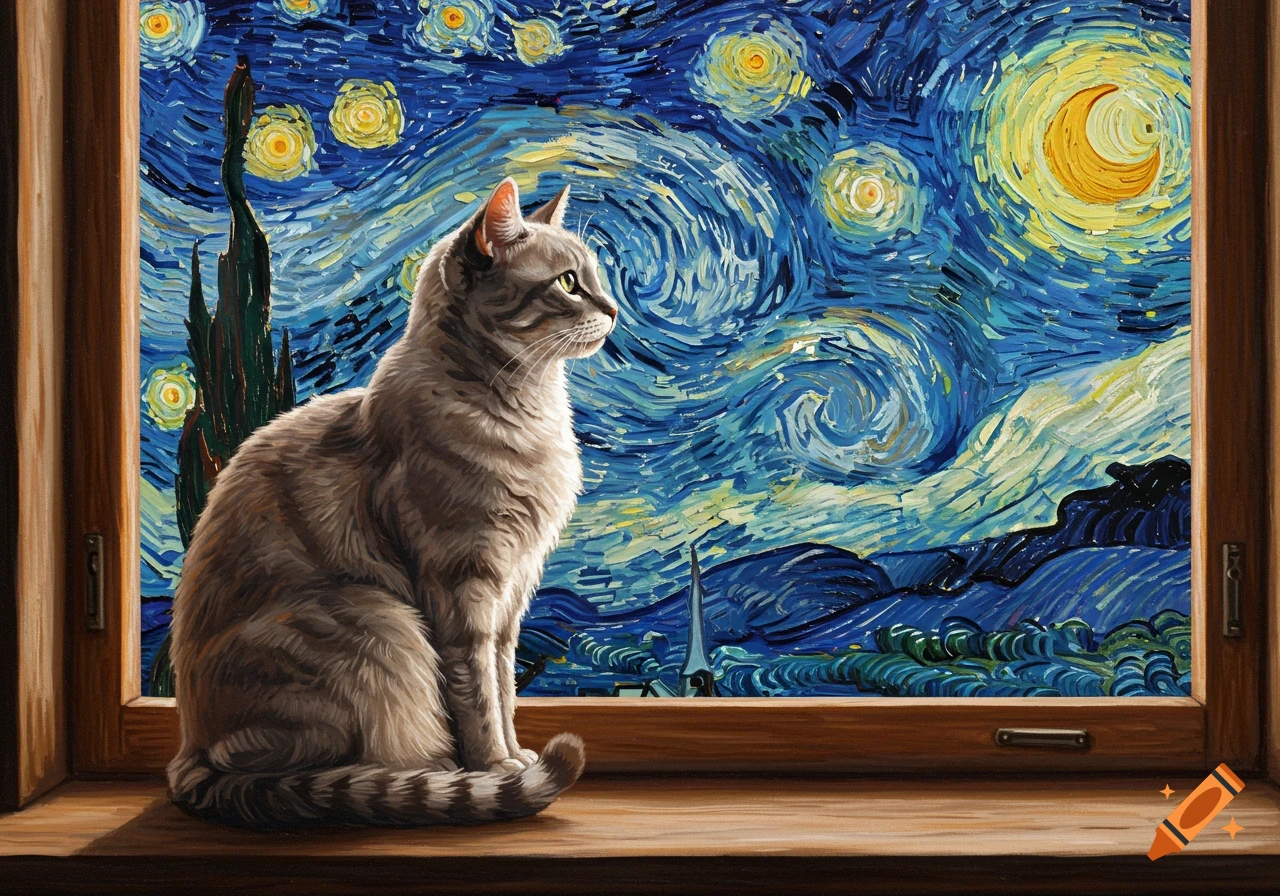 A tabby cat sits on a windowsill, gazing at a swirling, starry night sky painted in the style of Van Gogh.