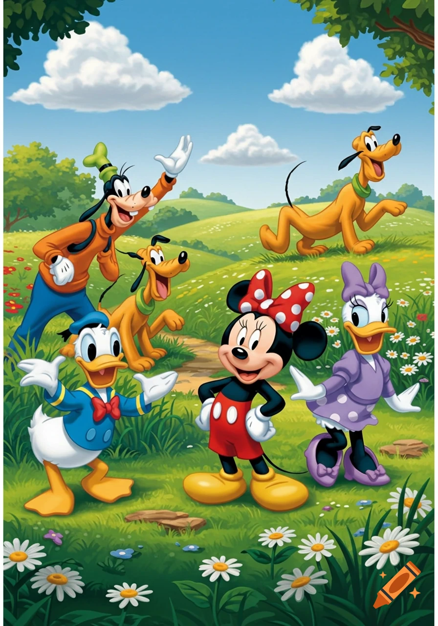 Mickey Mouse, Minnie, Donald Duck, Daisy, Goofy, and Pluto standing in a vibrant green field with flowers under a blue sky in a cartoon style.