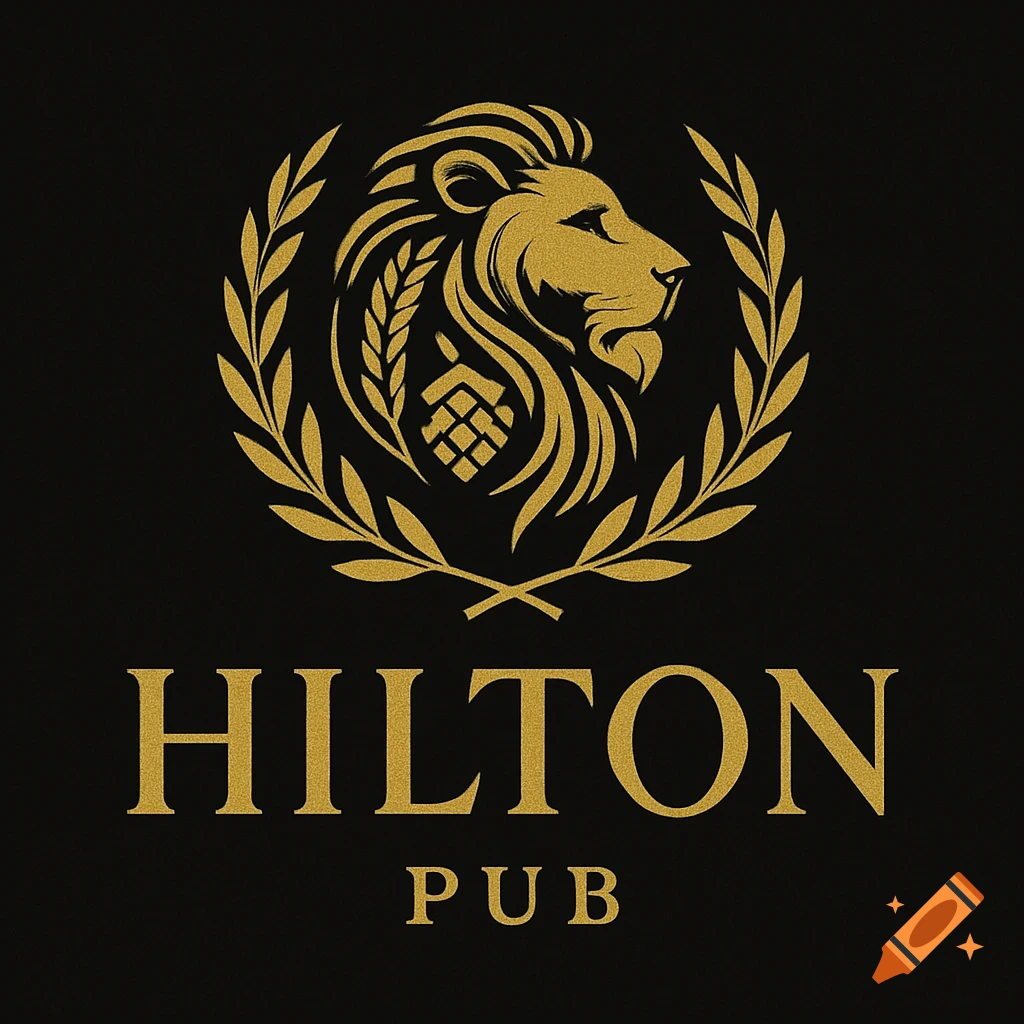 Gold lion head in a wreath with wheat and hops, above 'HILTON PUB' text, all on a black background.