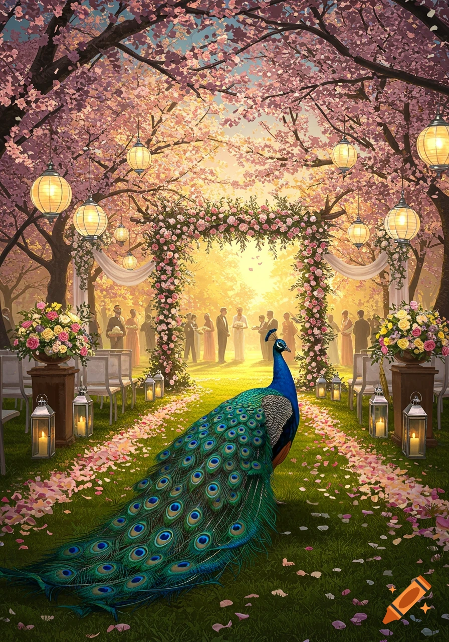 A vibrant illustration of a peacock on a petal-strewn path at an outdoor wedding ceremony under cherry blossom trees with glowing lanterns.
