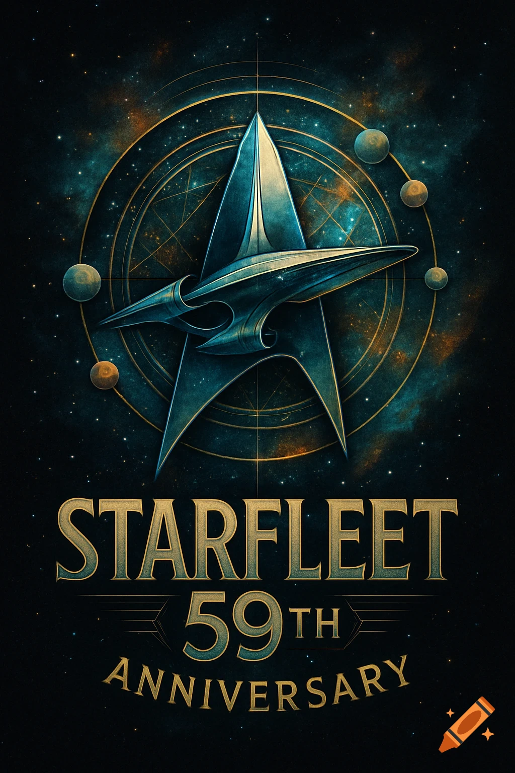 A dark, cosmic Starfleet 59th Anniversary logo featuring the delta shield emblem, a starship, planets, and golden celestial rings against a starry nebula background.