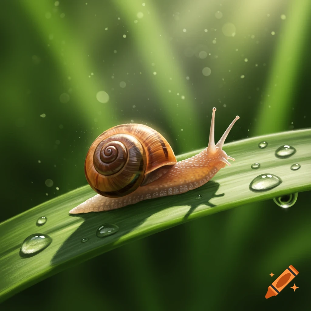 A photorealistic snail with a brown shell crawls on a green leaf with water droplets, against a soft green background.