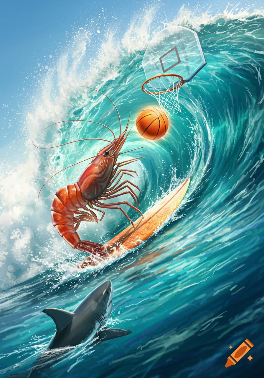 A giant shrimp surfs on a huge wave, holding a basketball to dunk into a hoop, with a shark swimming below. Dynamic, vibrant art.