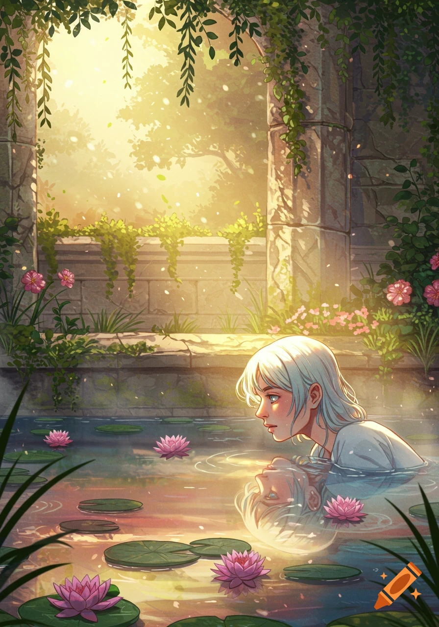 Anime illustration of a white-haired person in a pond with pink water lilies, surrounded by sunlit ancient ruins.