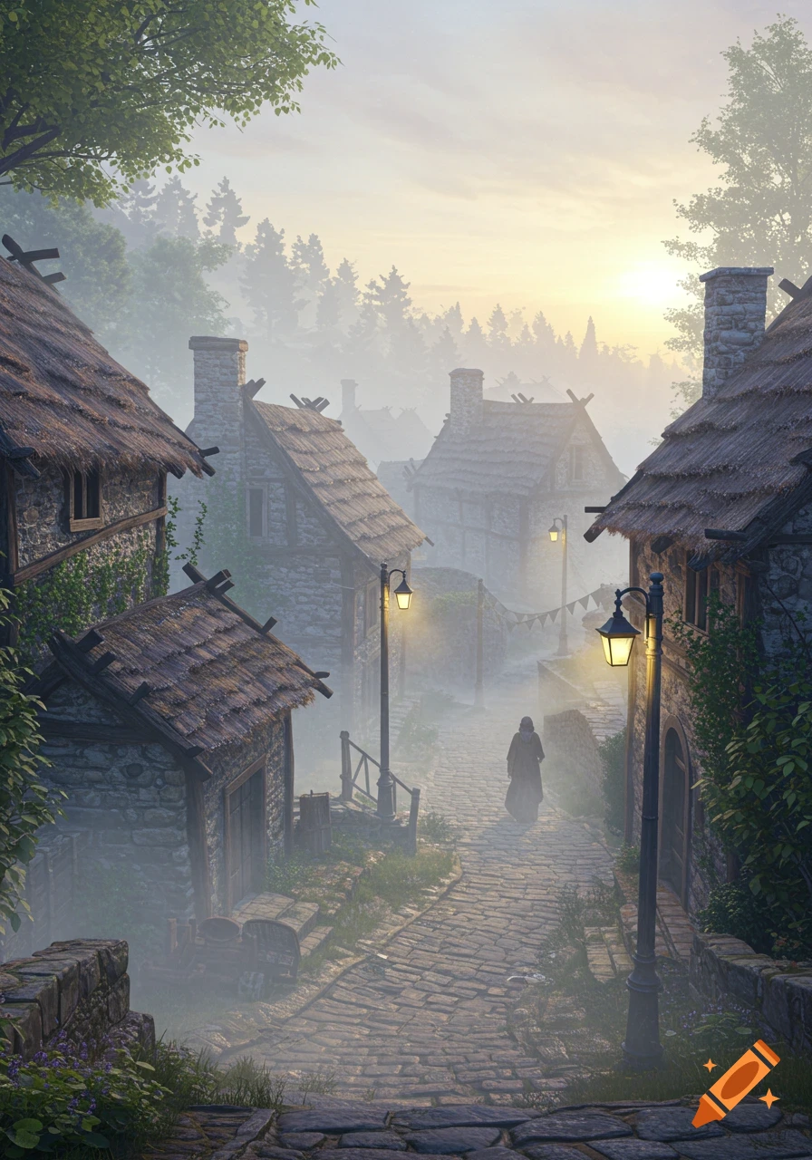 A misty, cobblestone village street at sunrise with old stone houses, street lamps, and a lone figure walking into the fog.