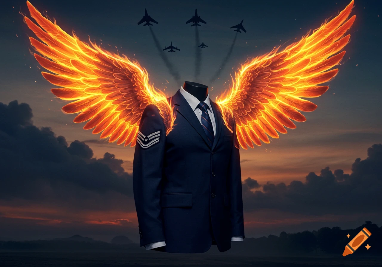 A dark blue suit with glowing fiery wings and no head stands against a sunset sky with silhouetted military jets.
