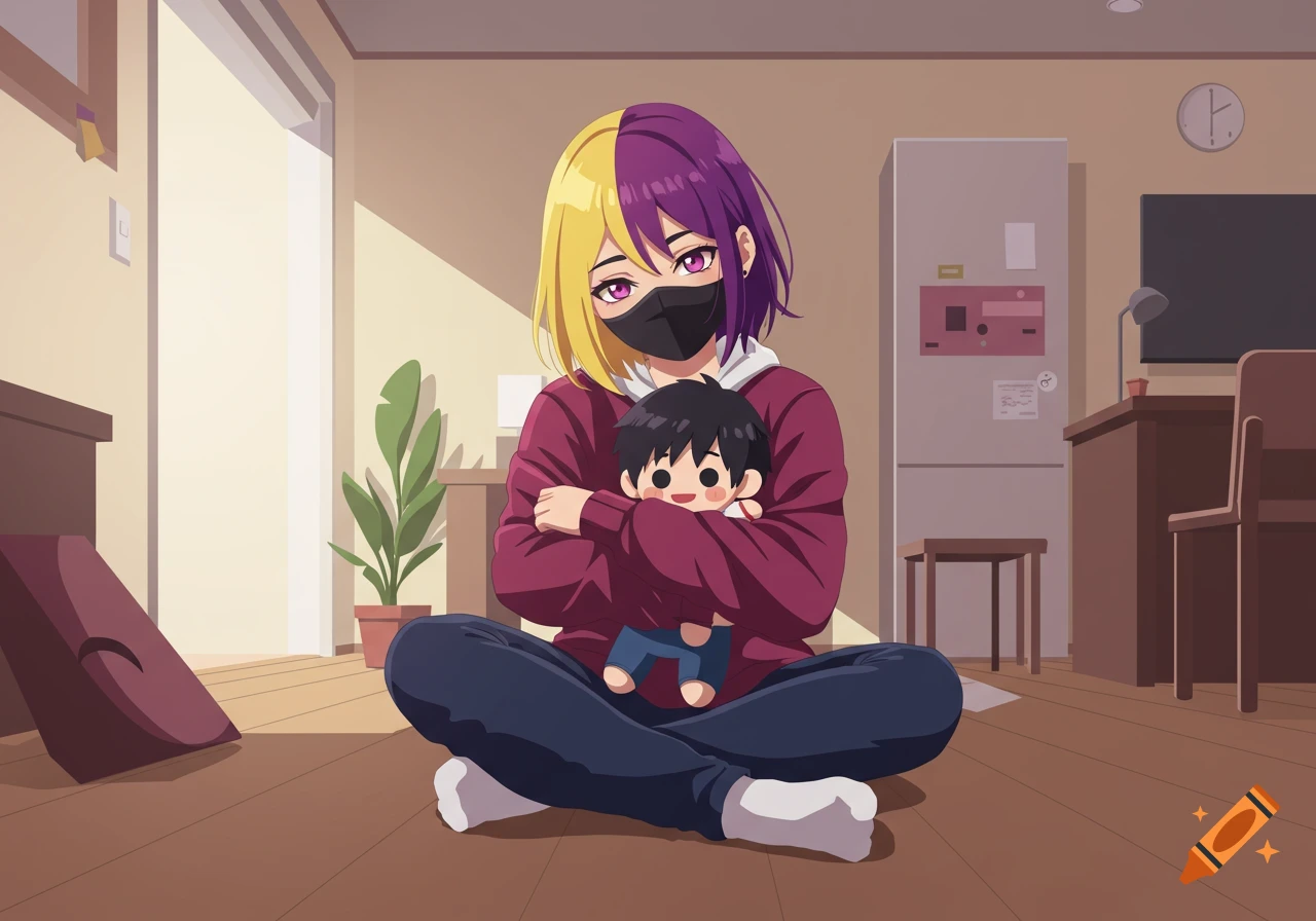 An anime girl with split yellow and purple hair, a black mask, and red eyes, sits on a wooden floor, hugging a boy plushie in an apartment.