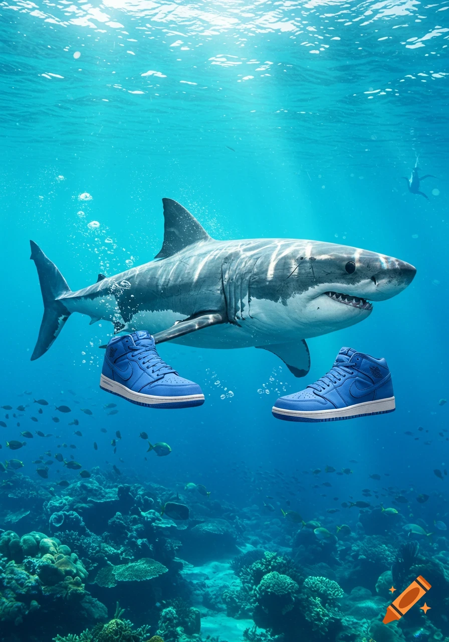 A great white shark swims underwater near a coral reef with two blue high-top sneakers floating beside it.