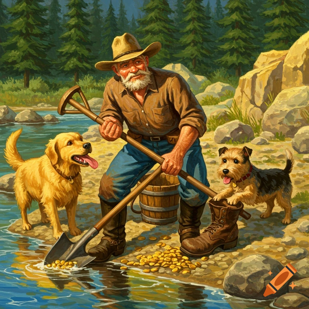 A bearded prospector with a shovel digs for gold by a river with a golden retriever and a terrier in a painted style.