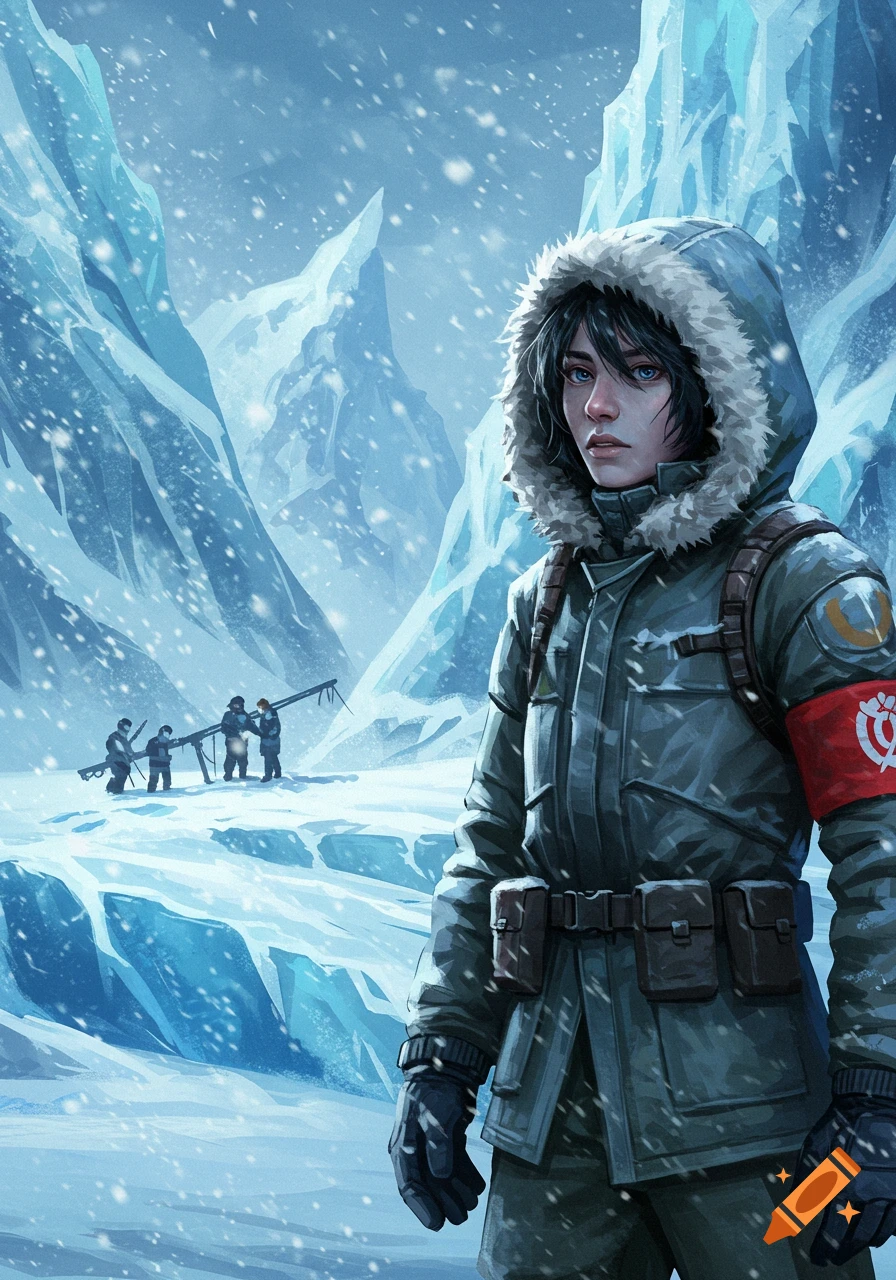 A person in a fur-hooded parka and gloves stands in a snowy, mountainous landscape. Other figures are in the background.