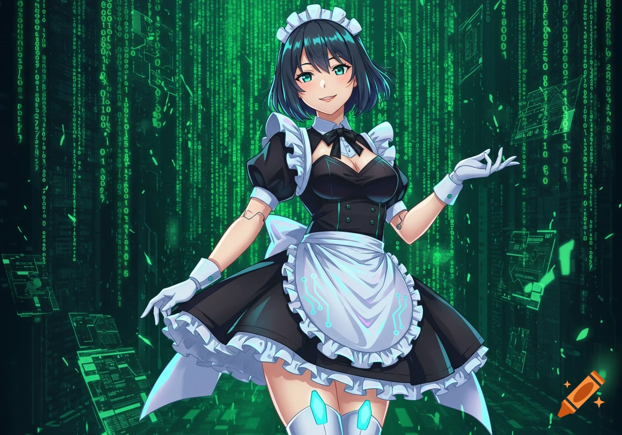 An anime maid in a black and white outfit with glowing blue accents stands against a neon green matrix code background.