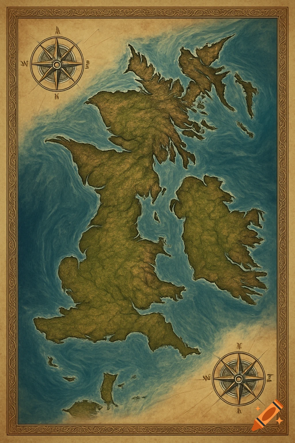 Stylized old map of the British Isles with altered coastlines and rotated, featuring two decorative compass roses.