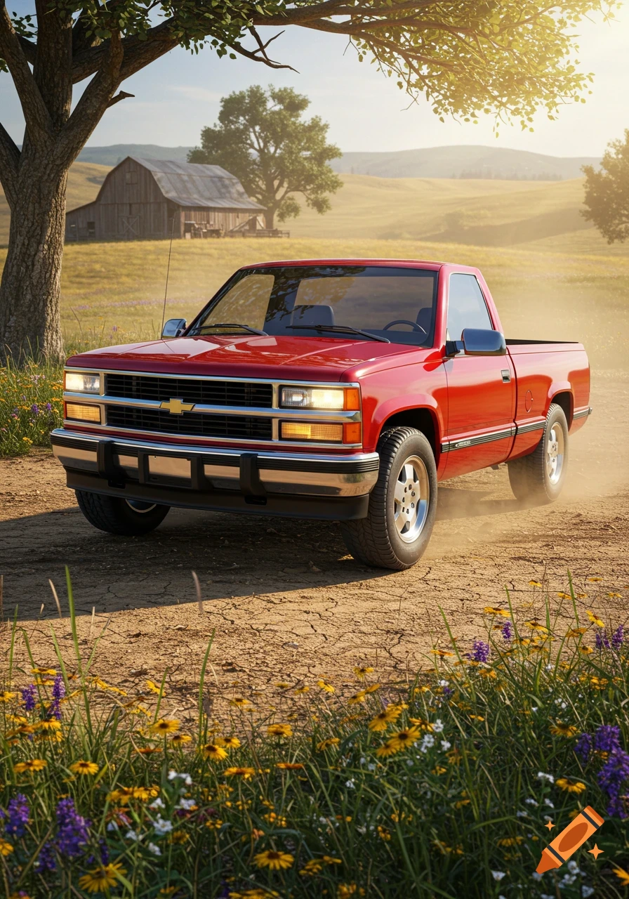 Photorealistic red 1990s Chevy Silverado pickup truck on a dirt road, with a barn and sunny fields in a rural landscape.