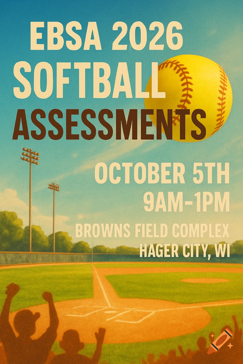 Retro-style poster for EBSA 2026 Softball Assessments, featuring a softball field, yellow softball, and event details.