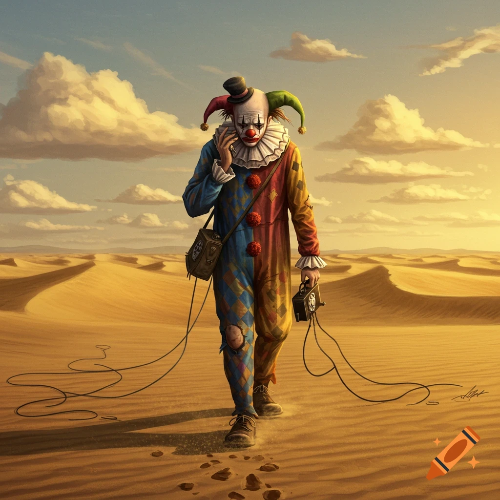 A sad clown in a colorful costume walks through a vast desert, talking on an old phone with wires trailing.