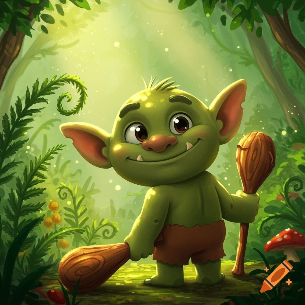 A smiling green cartoon troll with big ears and two fangs, holding two wooden clubs in a sunlit, vibrant green forest.