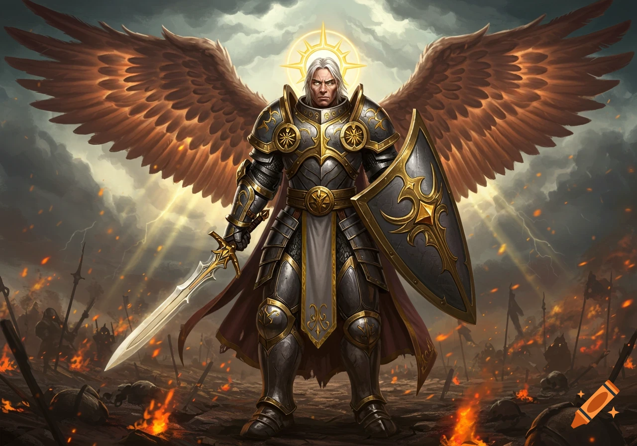 A powerful armored warrior with large wings and a halo stands on a burning battlefield, holding a sword and shield under a stormy sky.