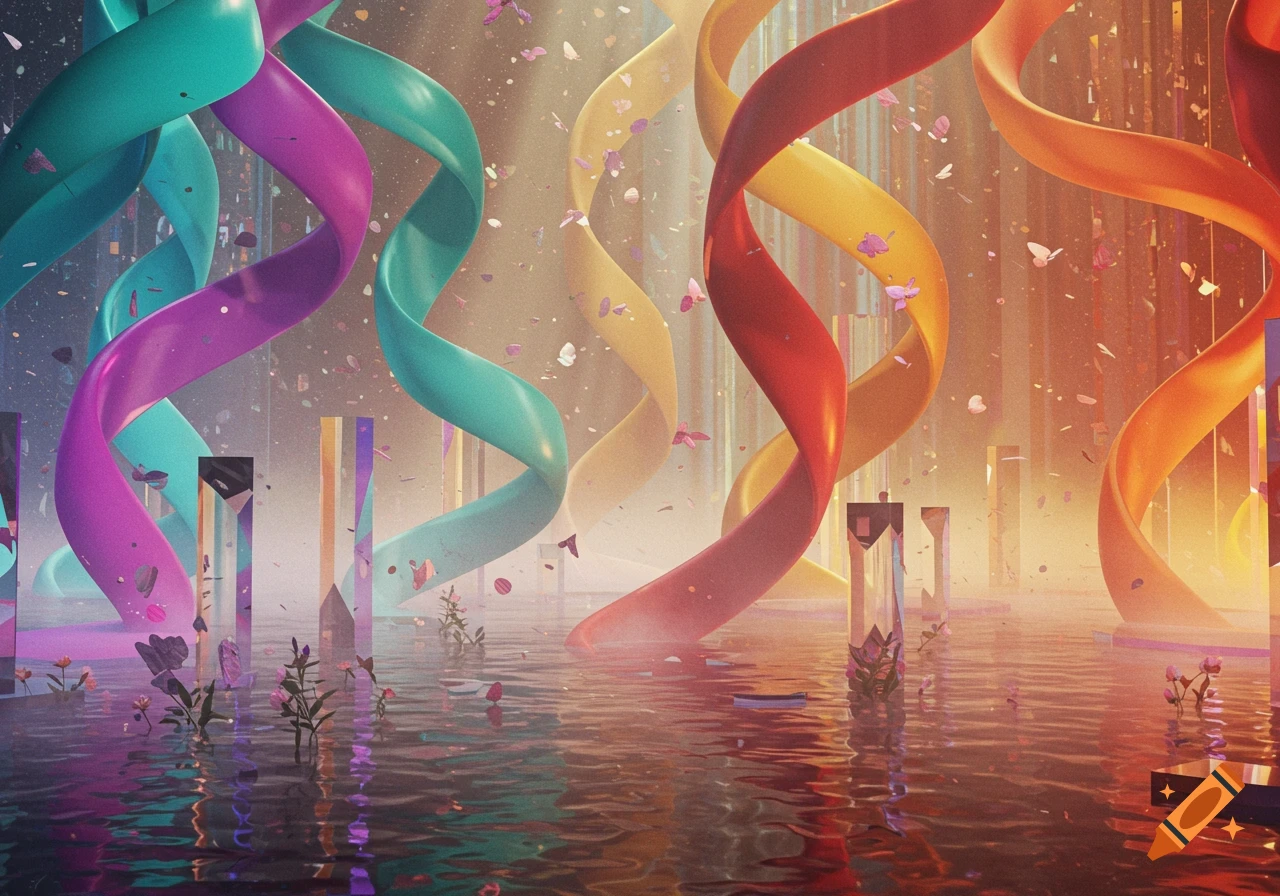 Colorful swirling ribbons above reflective water, with falling petals and abstract structures in a vibrant, dreamlike scene.