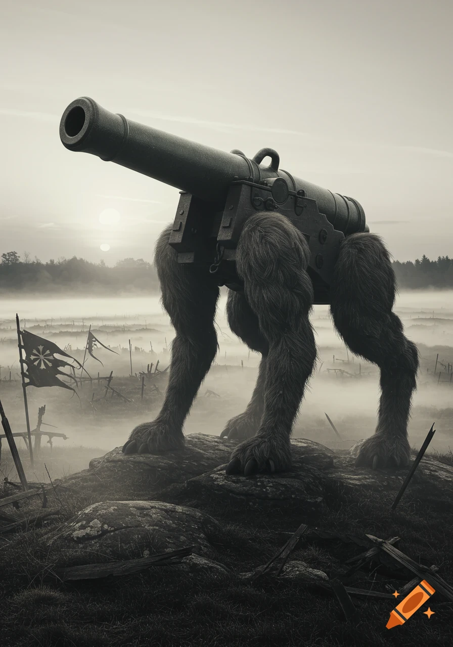 A large, hairy-legged cannon stands on a rocky hill in a foggy, monochromatic, war-torn landscape with a tattered flag.