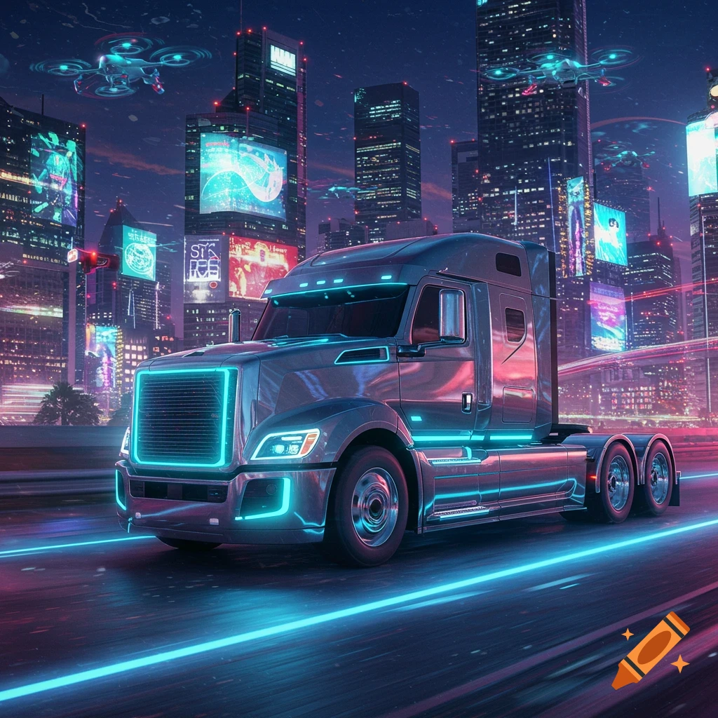 Futuristic truck with blue neon lights drives through a vibrant cyberpunk city at night with flying drones.