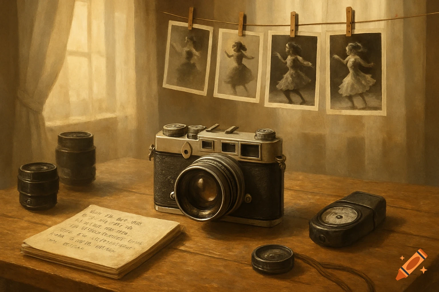 Vintage camera, lenses, and handwritten papers on a wooden table, with sepia-toned photos of a dancing woman hanging above.