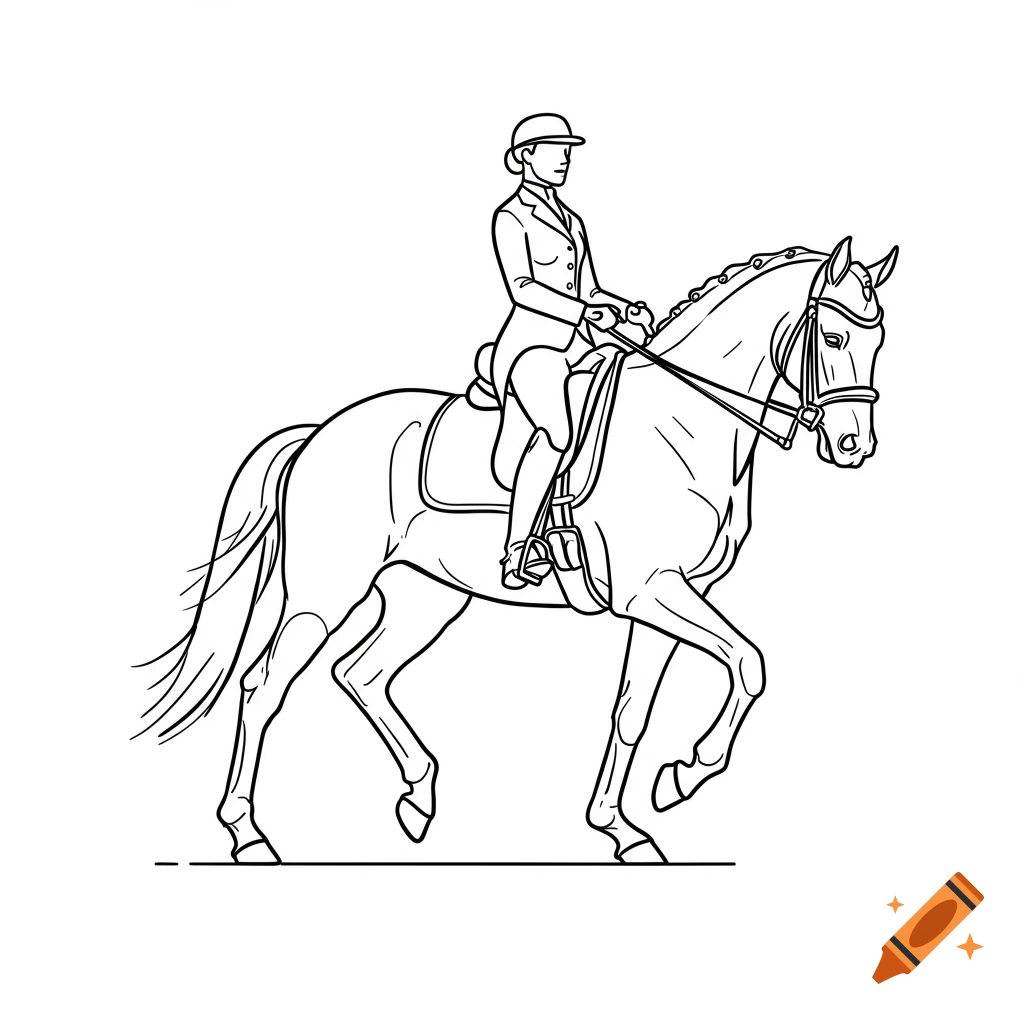 Line art drawing of a woman in a riding helmet and jacket, sitting on a horse with a bridle and saddle, performing dressage.
