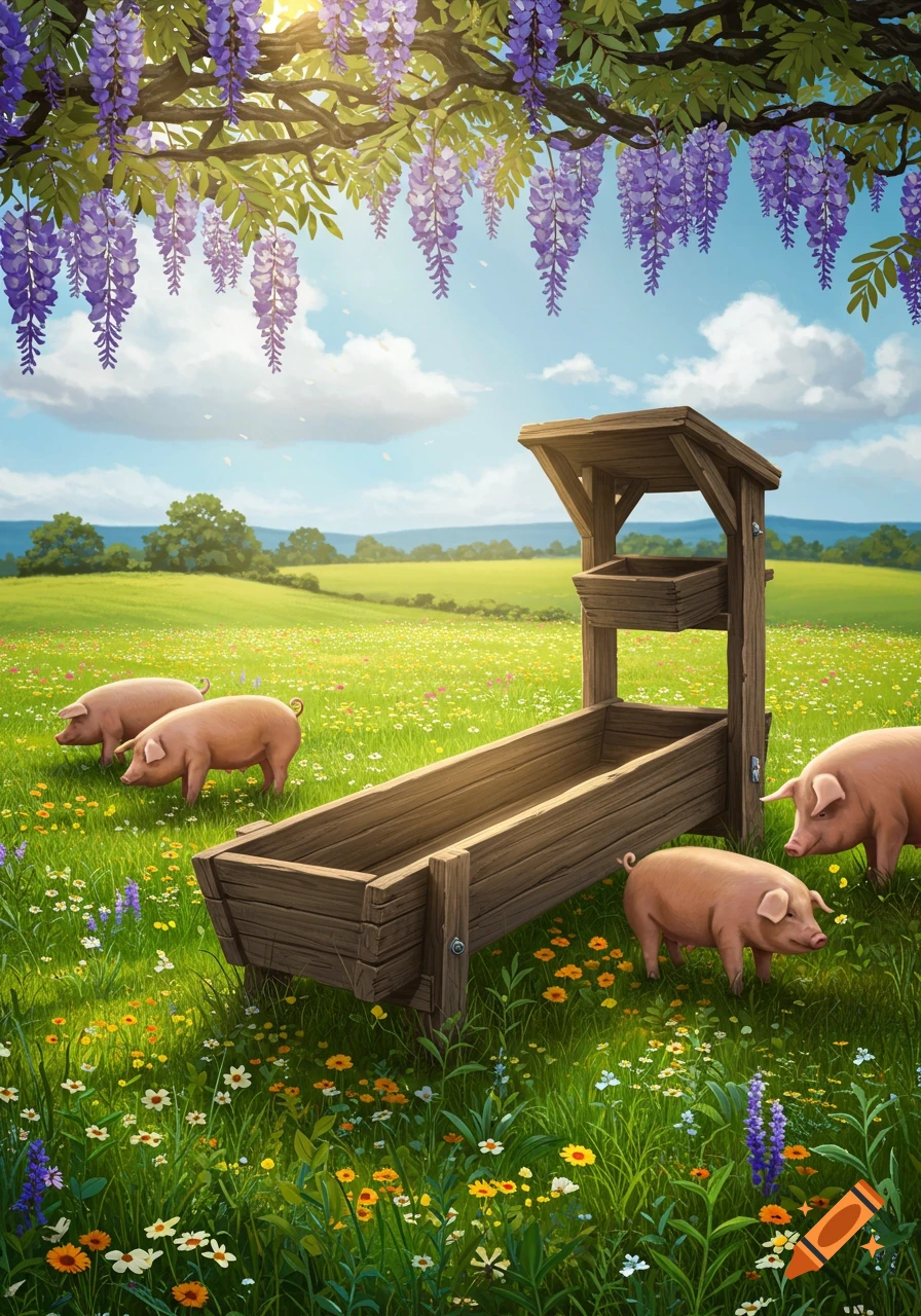 Illustrative scene of pink pigs in a flower-filled green field with a wooden trough, under purple wisteria in sunlight.