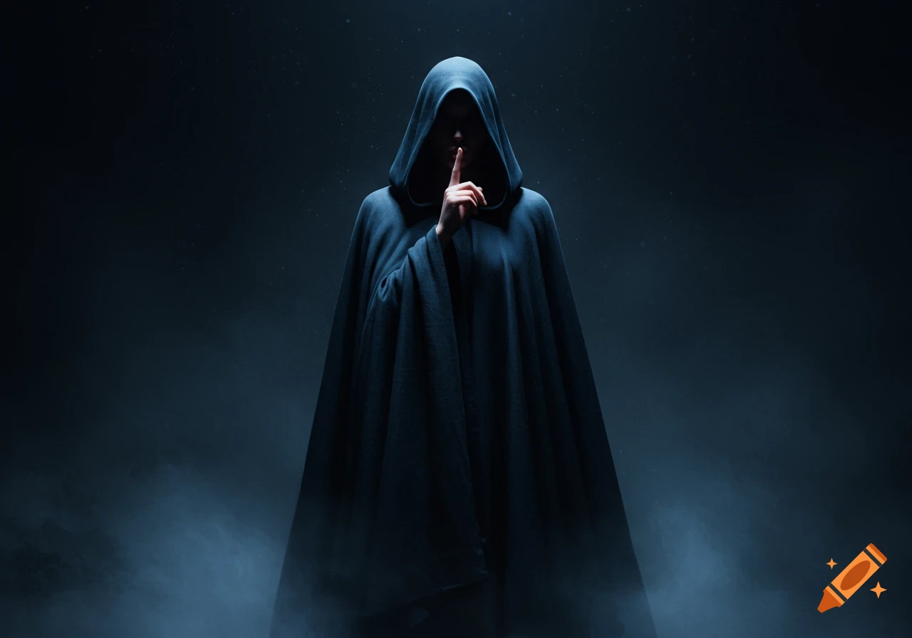 A dark cloaked figure with a hidden face makes a 'shhh' gesture in a smoky, dark blue atmosphere.