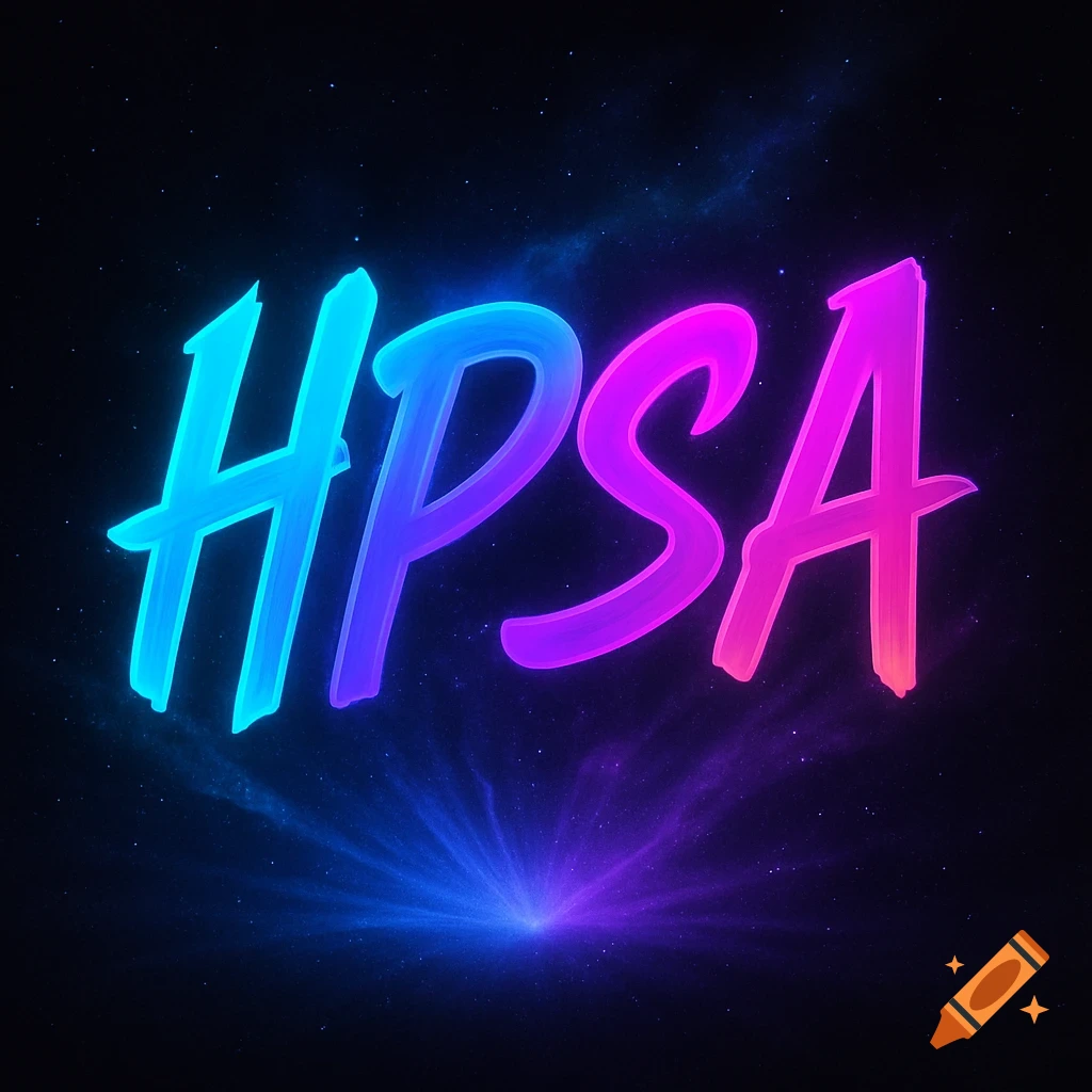 Stylized neon letters HPSA in blue, purple, and pink glow against a dark, starry space background with a bright light burst.